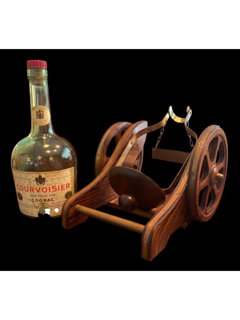 Vtg Courvoisier Cognac Empty Bottle Wooden Brass Cannon Barware Man Cave - Picture 3 of 9